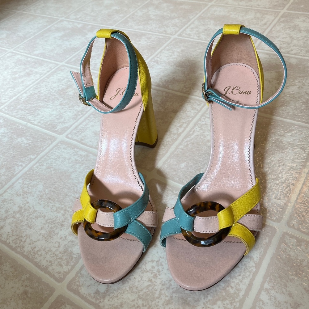 J. Crew Rounded Block Heels Ankle Strap yellow & teal tortoise buckle - like new